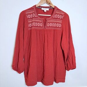 Nature by Westbound Boho Peasant Top M Embroidered Rayon Tunic Rustic Orange